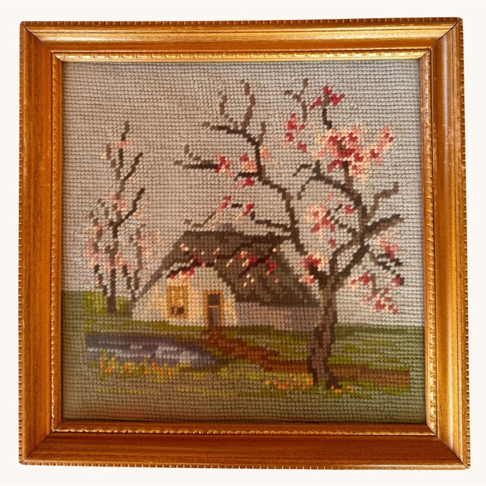 Vintage 1970s Framed Needlepoint Art Spring Cottage Art Non-Glare Glass 11x11